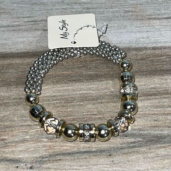 Rhinestone Beaded Stretch Bracelet Gold Silver Tone Chunky Classic Stackable New - Picture 1 of 7